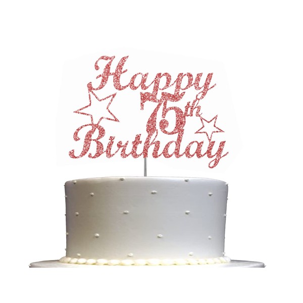 Decoración para tarta de 75 cumpleaños de oro rosa, decoración de 75 fiestas, decoración de alta calidad, purpurina resistente de doble cara, barra de acrílico. Fabricado en Estados Unidos
