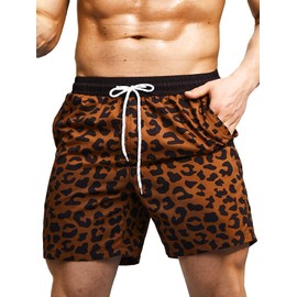 Milumia Men's Swim Trunks Drawstring Waist Quick Dry Swimming Beach Shorts Swimwear Brown Leopard Print Small