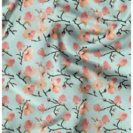 Soimoi Green Cotton Cambric Fabric Peach Flower Watercolor Printed Craft Fabric by The Meter 58 Inch Wide