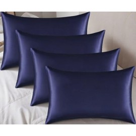 Satin Pillowcase for Hair and Skin, Super Soft Similar to Silk Pillow Cases 4 Pack with Zipper Closure, Cooling Pillowcases for Women Men (Navy, 4 x Standard (20"x26"))