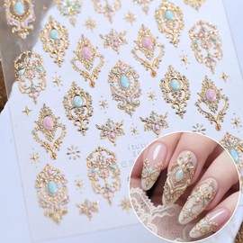 5D Embossed Jade Nail Stickers Gold Nail Art Stickers Decals with Gold Mace Design Star Nail Stickers for Nail Art Gemstone Self-Adhesive Nails Supplies for Women Manicure Decoration