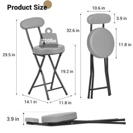 Cushioned Padded Folding Stools, Folding Bar Stool with Backrest, 220lb Capacity, 19 Inch Collapsible Round Portable Foldable Chair for Outdoor Indoor Kitchen Camping Fishing (Grey, 2 Pack)