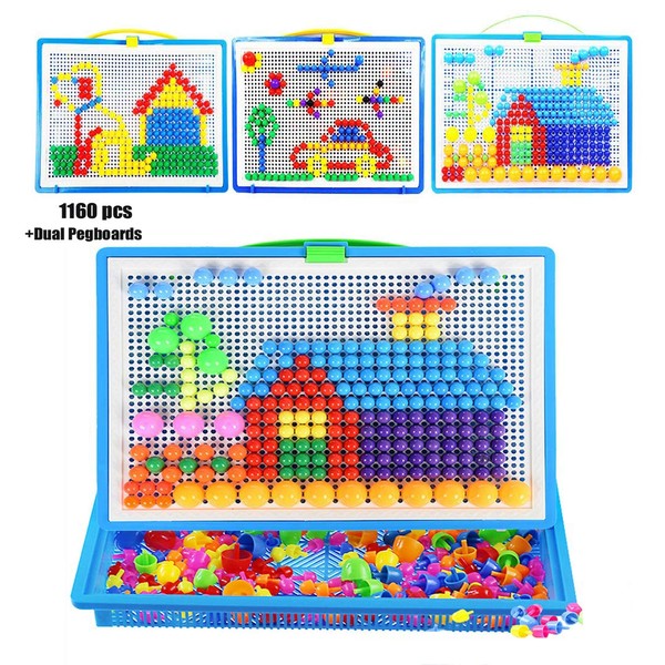 Moonlove 1000pcs Dual Pegboards Jigsaw Puzzle Mix Colour Mushroom for 2 Kids Play Educational Construction Creative DIY Mosaic Toys Birthday for Kids Age Over 3 Years Old