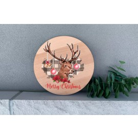 Handmade Elk Merry Christmas 12" Round Thin Birch Handmade Holiday Sign Home Wall Decor