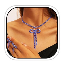 JEAIRTS Rhinestone Bow Jewelry Set Sparkly Crystal Bowknot Pendant Necklace and Earrings Dainty Costume Prom Tennis Chain Jewelry Sets for Women (4-Blue)