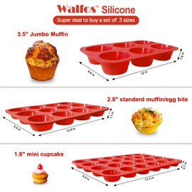 WALFOS BPA Free Silicone Muffin Pan - Cupcake Pans set of 3, Including Mini 24 Cups, Regular 12 Cups Muffin Pan & Texas Size 6 cups Muffin Pan, Pop Out Easily - Dishwasher & Microwave Safe