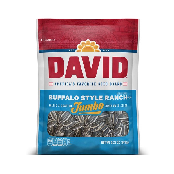 DAVID Seeds Roasted and Salted Buffalo Style Ranch Jumbo Sunflower Seeds, Keto Friendly 5.25 oz (Pack of 1)
