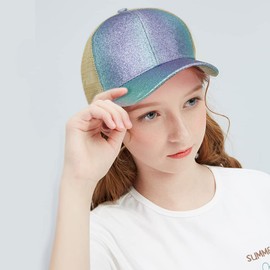 YeeHeen Baseball Cap for Girls Criss Cross Ponytail Baseball Hats Rainbow Glitter Sun Cap Green Purple