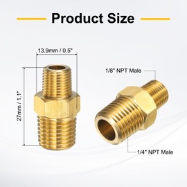 sourcing map 2pcs Brass Pipe Fitting 1/4" NPT x 1/8" NPT Male Brass Hex Nipple Pipe Extension Adapter Pipe Nipples Connectors for Shower, Oil, Water Line