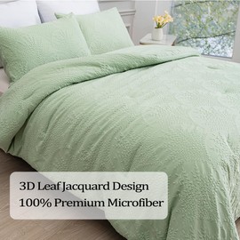 CinYana Sage Green Jacquard Comforter Set King Size Leaf Comforter Boho Bedding Set 3 PCS Soft All-Season Luxury Bedding(Sage Green,King)