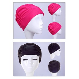 LERTREE 2PCS Nylon Soild Color Ladies Swimming Hat Pleated Style Swim Cap Long Hair Swimming Cap for Men Women (Black+Red)