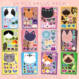 24 Sheets Cats Make A Face Stickers Pack | Make You Own Animal Stickers for Kids | Cat Party Favors | Crafts & Birthday Activities Supplies