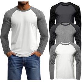 Huukeay 3 Pack Men's Long Sleeve Baseball Shirts, Crew Neck Raglan Casual Vintage Jersey Sport Tee Tops(White/Mixed Gray, Mixed Gray/Dark Mixed Gray, Dark Gray/Black,Medium)