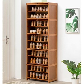 ILWorkTLs 10-Tier Bamboo Shoe Cabinet, Shoe Shelf Storage Organizer with Flip Door,Narrow Shoe Cabinet for Entryway, Hallway and Closet(60CM)