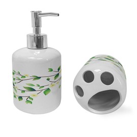 Ambesonne Dragonfly Soap Dispenser & Toothbrush Holder Set, Leaves with Little Dragonflies and Jasmine Environmental Botanical Illustration, Ceramic Bathroom Toiletry Accessories, 2 Pcs, Green White