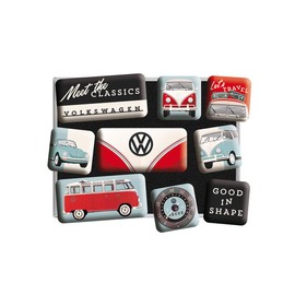 Nostalgic-Art Retro Fridge Magnets, 9 Pieces, VW – Meet The Classics – VW Bus Gift idea, Official License Product (OLP), Magnet Set for Notice Board, Vintage Design