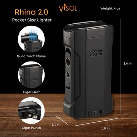 Visol Rhino 2.0 Quad Flame Butane Torch Lighter, Refillable, Windproof, Adjustable Flame, Built-in Rest, Two Built-in Punches, Stainless Steel, Black