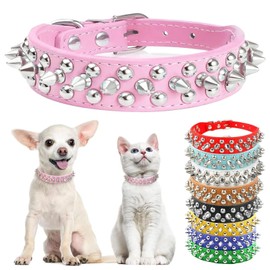 DOGGYZSTYLE Small Pink Spiked Dog Cat Collar for Small Medium Dogs Girl Female - Adjustable Studded Puppy Collars - Soft Padded Punk Leather Dog Collar for Chihuahua French Bulldog Pug (Pink,XXS)