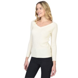 State Cashmere Women’s Easy V-Neck Ribbed Sweater 100% Pure Cashmere 3/4 Sleeve Pullover (Undyed White, Small)