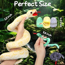 Xhamuon 53 Inch Giant Snake Plush Mommy with 3 Babies - Mommy Snake with 3 Cute Babies & 3 Eggs Golden Python Realistic Snake Stuffed Animal Easter Gift for Boys Girls
