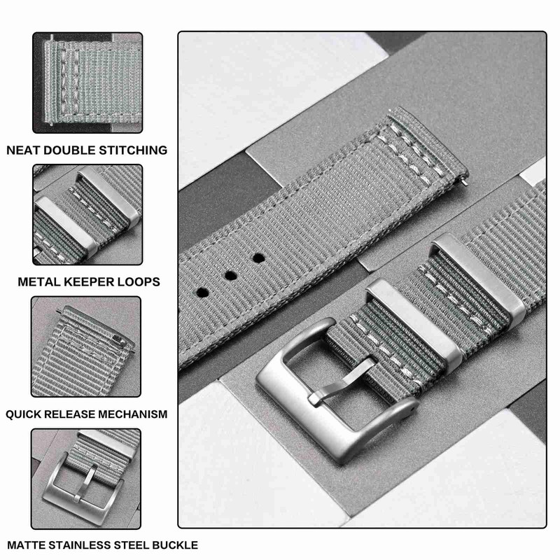 [Anbeer] 18mm 時計バンド ナイロン ツーピース式 クイックリリーズ替えベルト メタル製ループ付き グレー シルバーバックル