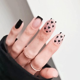 Valentine's Day Square Press on Nails Medium- Black French Tip Press on Nails Black Love Heart Design Fake Nails Natural Fit Full Cover False Nails Stick on Nails for Women Girls, 12 Sizes, 24PCS