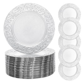 Charger Plates Set, 13'' Reusable Serving Round Plate Wedding Decorative Chargers Patterned Snack Trays Embossed Dinner Plate for Christmas Table Dinner Kitchen Party Decoration (100, Silver)