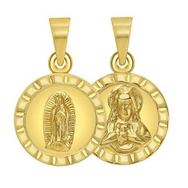 Jewelry America 14k Yellow Gold Mini Guadalupe and Sacred Heart of Jesus Medallion Charm Pendant (Reversible)