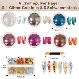HavaCue 6 Farben Chrome Nail Powder mit Schachtel Glitter Goldfolie, Cromepulver Nägel Deko, Neonail Glassy Pearl Effect Nail Powder, Holographische Pigment für Nägel Nagelpuder für Harz Handwerk