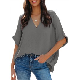 Dokotoo 2024 Fashion Shirts for Women Dressy Casual Solid Spring Summer V Neck Frayed Edges Batwing Half Sleeve Loose Fit Textured Fabrication Blouse Tops Gray L