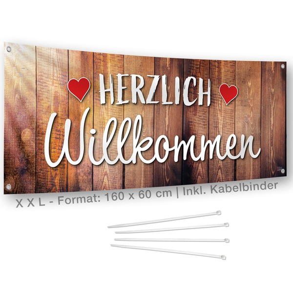 Herzlich Willkommen XL Banner I 160 x 60 cm I Weatherproof I Set Including Eyelets and Cable Ties I Welcome to Celebrations and Festivals | Wedding, Birthday, Company Party, Anniversary | Made in