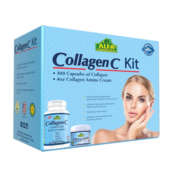 CollagenC - Collagen Kit 2 Pieces - Collagen Hydrolysate Capsules - Collagen Amino Cream - Anti Aging - Anti Wrinkle - Double the benefits through oral intake and skin rejuvenating cream