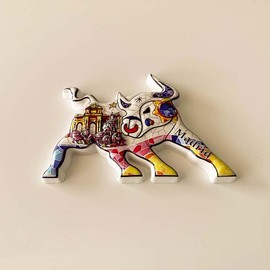 Madrid Bull Decorative Figurine, Artistic Ceramic Souvenir, Hand-Painted Spanish Design with Mosaic Pattern, White