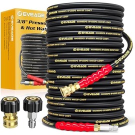 EVEAGE 3/8" Pressure Washer Hose 100ft, 4800PSI Industry Grade Steel Wire Braided & Synthetic Rubber Jacket, Kink Resistant Hot & Cold Water Max 248°F Power Washer Hose, 2pcs M22 14mm Adapter Set