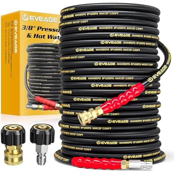 EVEAGE 3/8" Pressure Washer Hose 100ft, 4800PSI Industry Grade Steel