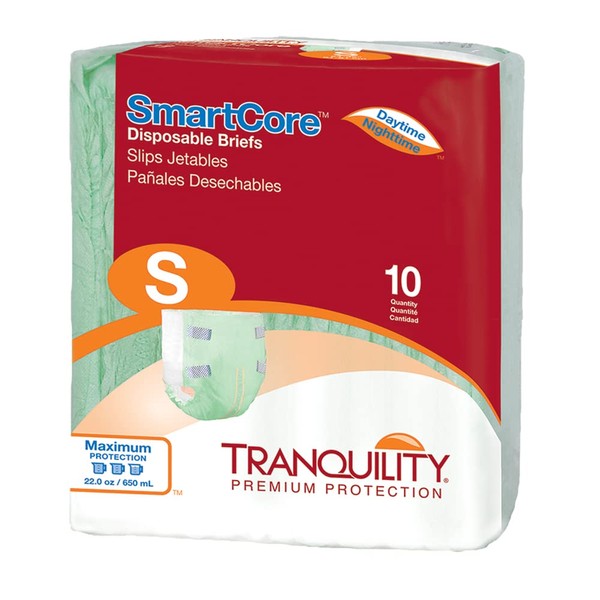 Tranquility SmartCore Adult Disposable Briefs, Incontinence Control with Breathable Kufguard Technology, Fastening Tabs& Wetness Indicator, Latex-Free, Adult Small, 22oz Capacity, 100ct Case