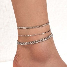 Yienate Boho Silver Cuban Chain Anklet Bracelet Layered Satellite Chain Ankle Chain Summer Beach Foot Chains Fashion Multi-Layered Anklets 3Pcs Set Foot Jewellery Gift for Women Girls