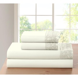 4-Piece Lace Crochet Embroidery Bamboo Bed Sheets Set Full Size | Casual Silky Soft Ivory White Bedding Solid Color Pattern | Luxury Deep Pocket Durable Elastic Fitted Thick | Machine Washable Cozy