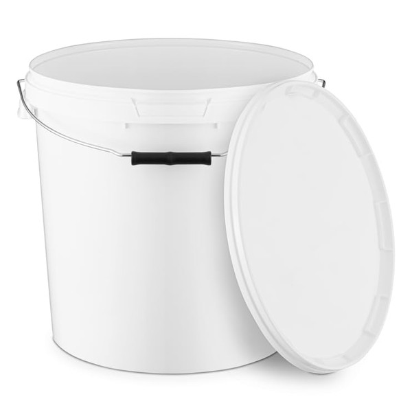Bucket with Lid, 20 Litres, White, 1 x 20 Litres, Food-Safe, Stable, Airtight, Leak-Proof, Plastic Storage Container with Metal Handle, Empty