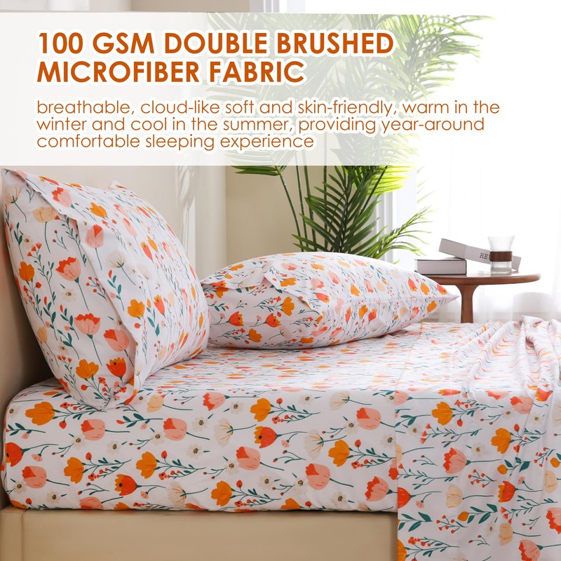 JSD Tulip Floral Sheet Set Twin Size, 3 Piece Spring
