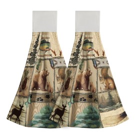 Giwawa Rustic Cabin Animal Hand Towels - Bear Hanging Kitchen Towel Forest Moose Dishcloths 2PCS Soft Pine Tree Wildlife Fingertip Towel for Bathroom Home