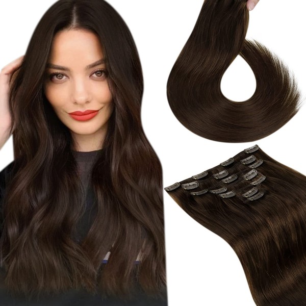 LAAVOO Brown Hair Extensions Clip in Real Human Hair Dark Brown Remy Human Hair Women Hair Extensions Clip on 18 inch Straight Extensions Human Hair Natural 7Psc 120G
