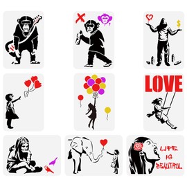 FINGERINSPIRE 9 pcs Banksy Painting Stencil 8.3x11.7inch Reusable Banksy Girl Boy Chimpanzee Pattern Drawing Template Life is Beautiful Decoration Stencil for Painting on Wood Wall Fabric Furniture