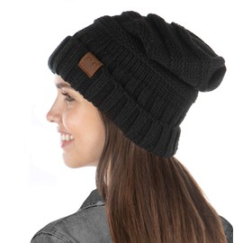 Women's Oversized Slouchy Chunky Knit Beanie Hat - Black