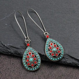 Syrios Gifts Boho Water Drop Earrings - Teal and Red