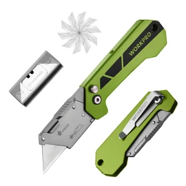 WORKPRO EDC Folding Utility Knife, Mini Box Cutter with Quick Open Axis Lock, Quick Change Blade Razor Knife, Foldable Small Pocket Knife with Belt Clip, 10 Extra Blades Included, Green