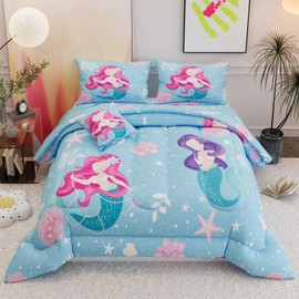 Namoxpa 6 Pieces Memaid Comforter Sets,Blue Pattern with Sunflower and Mermaid,Decorative 6 Piece Bedding Sets with Comforter,Flat Sheet,Fitted Sheet,Throw Pillow Cover,Pillow Shams,Queen Size