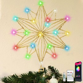 Christmas Star Tree Topper, RGB 8In Glittered Star Tree Topper Light with 20 LED Lights, Hollow Designed with USB Plug for Indoor New Year Holiday Tree Decoration