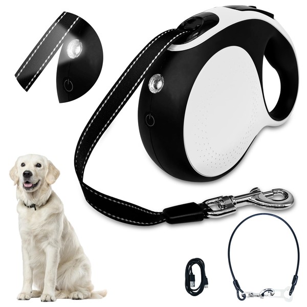 Retractable dog leash with chew-proof cord and LED flashlight, 16-ft