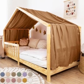 lilimaus House Bed Canopy, Made of 100% Cotton Muslin, Handmade, Fabric Bed Decoration, Girls and Boys, Children, Bed Curtain for Children's Bed, Brown